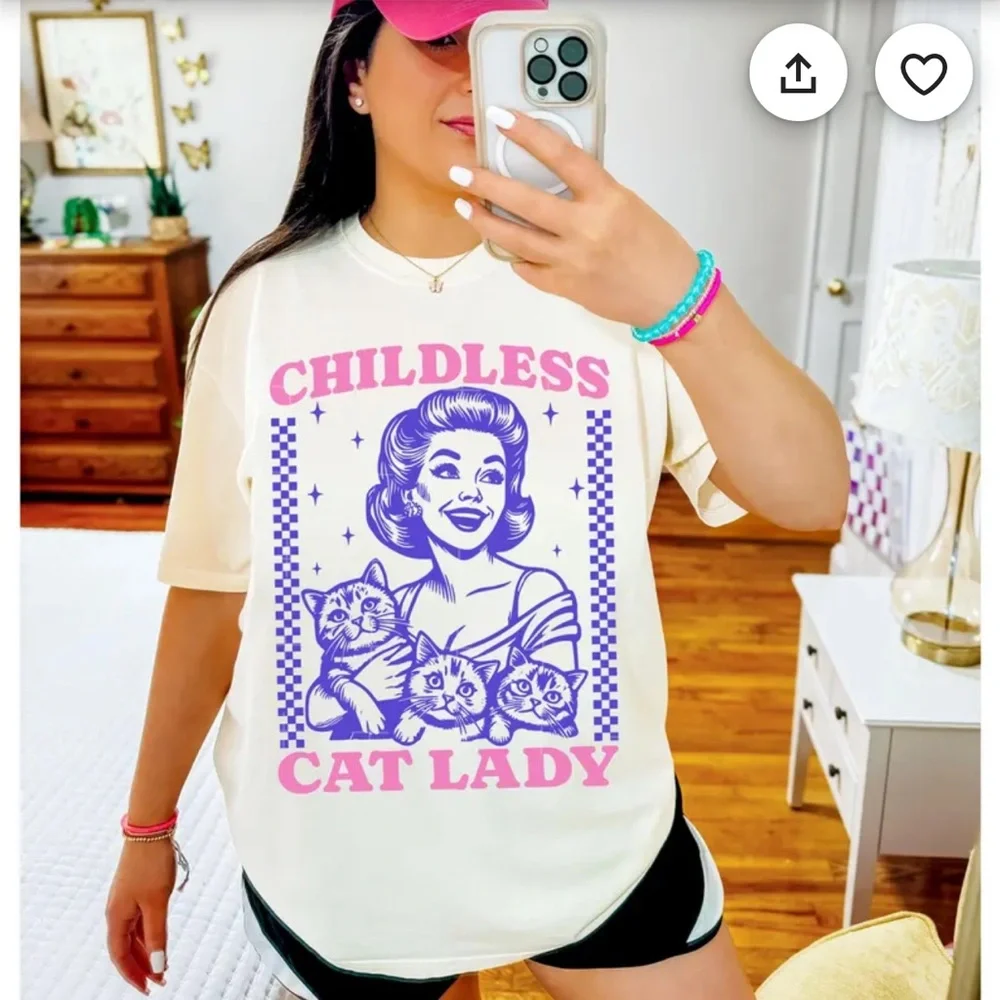 Bella Canvas Cream Childless Cat Lady T-Shirt with Purple and Pink Graphics